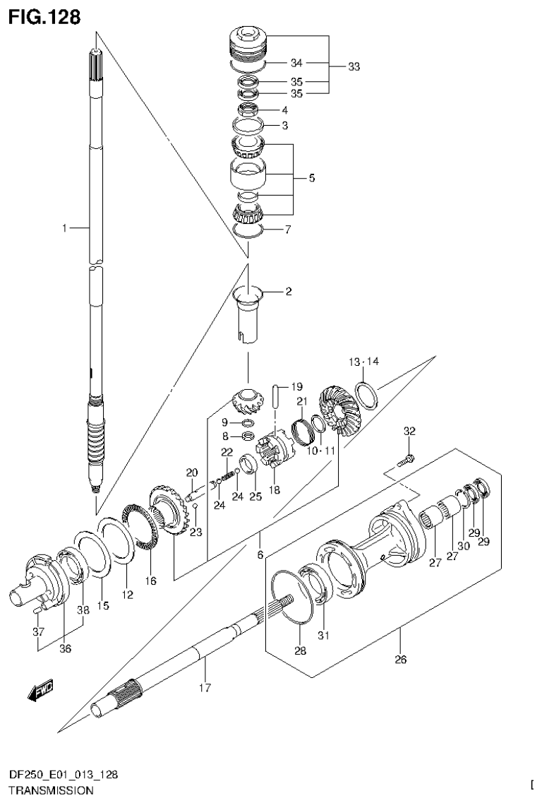 Suzuki DF200T, DF200Z, DF225T, DF225Z, DF250T, DF250Z TRANSMISSION (DF250T E40) parts diagram